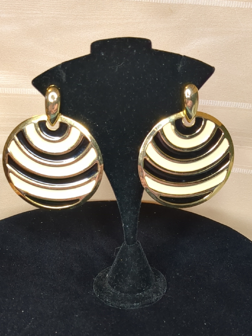 Vintage 80s Large Round Metal Earrings Ivory & Black Stripes Gold Modernist